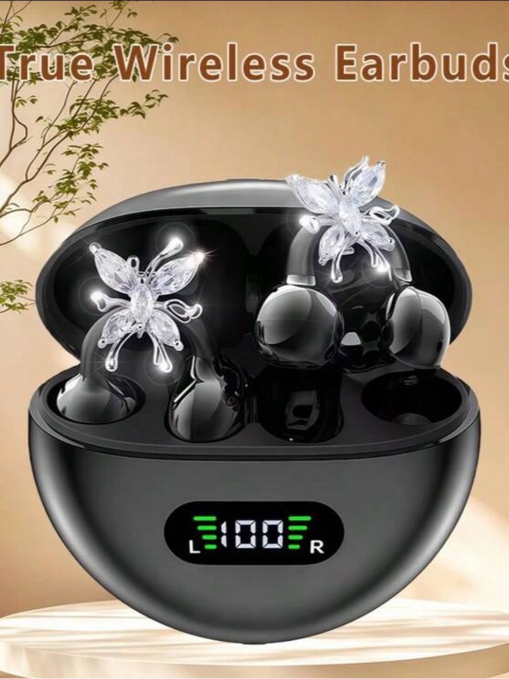 Black True Wireless Earbuds with Crystal Butterfly Charms new
